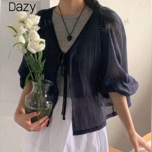 DAZY Women's Solid Color Navy Blue Sleeve Tie-Front see through Shirt